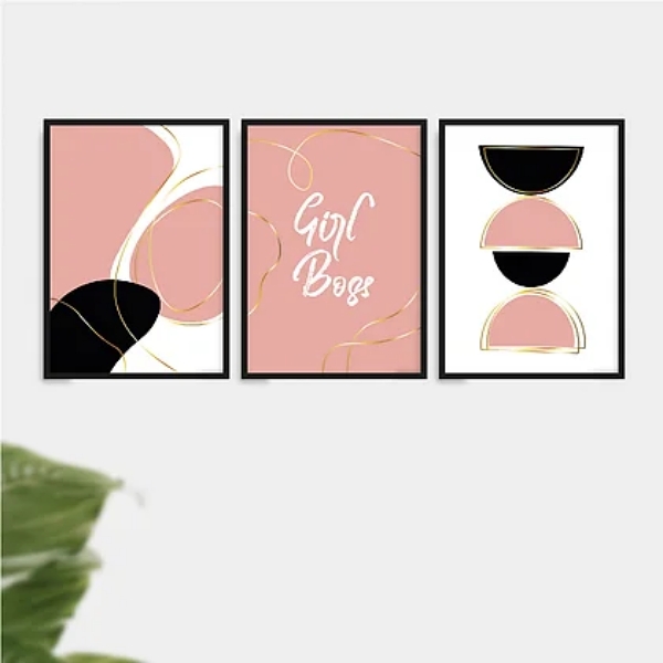 Kit 3 Quadros Abstratos Girl Boss Preto Rosa