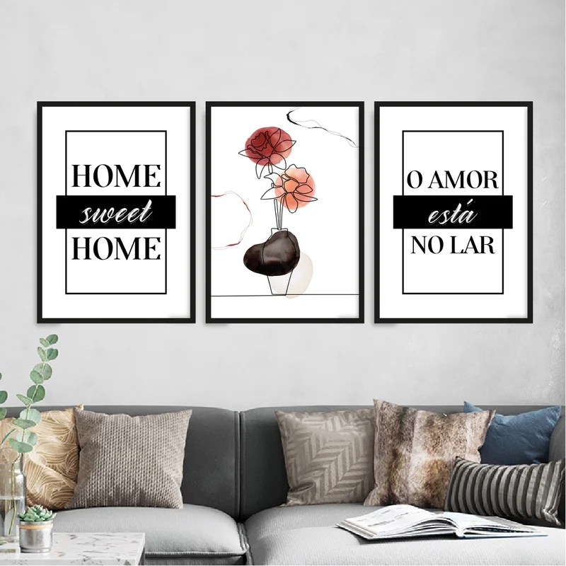 Kit 3 Quadros Home Sweet Home- Flor