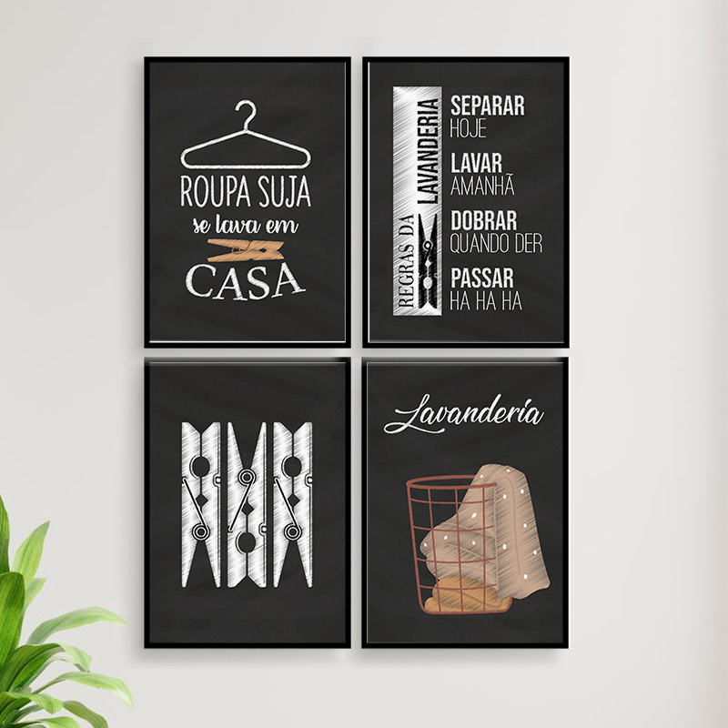 Kit 4 Quadros Decorativo Lavanderia Giz