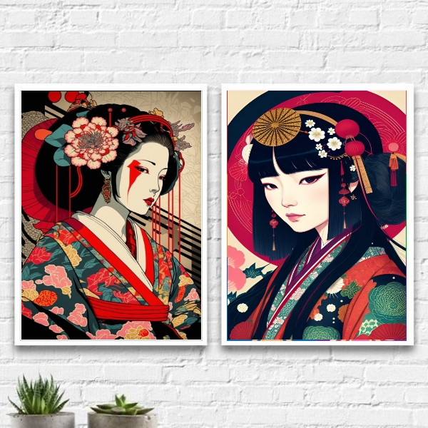 Kit 2 Quadros Arte Oriental Geishas