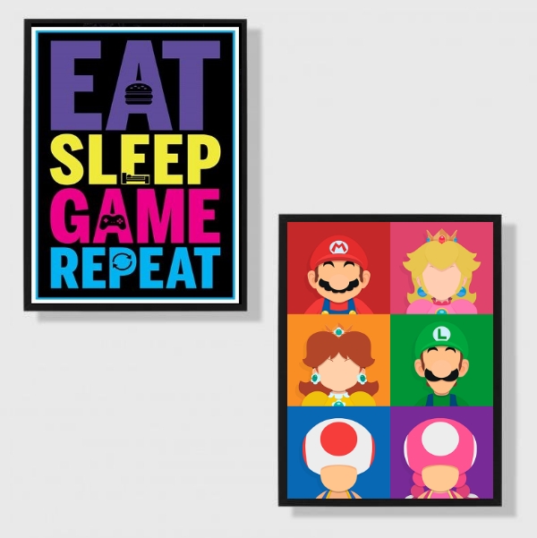 Kit 2 Quadros Eat Sleep Game Repeat Personagens