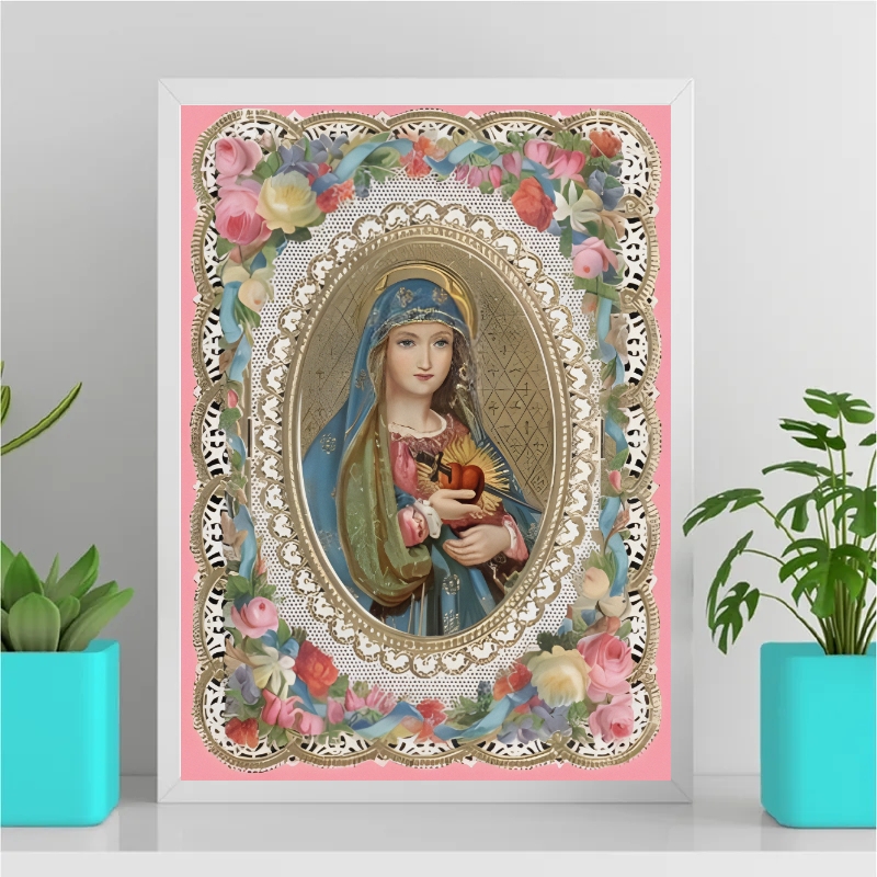 Quadro Sagrado Coração De Maria Floral Vintage