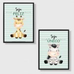 Kit 2 Quadros Infantil Tema Safari Seja Feliz