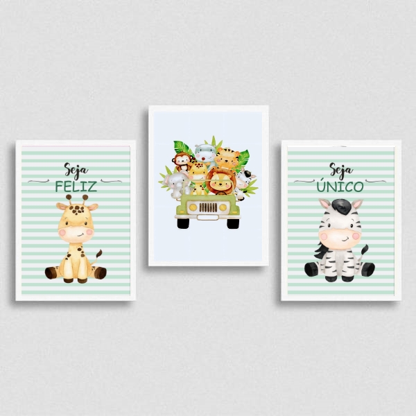 Kit 3 Quadros Tema Safari Infantil Seja Feliz