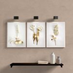 Kit 3 Quadros Flores Dourado Com Branco