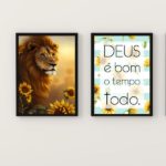 Kit 2 Quadros Leão Girassóis Deus É Bom