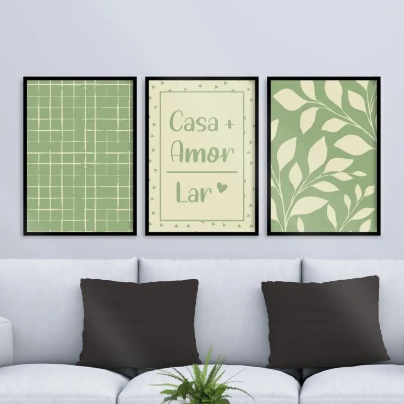 Kit 3 Quadros Casa amor lar Plantas Verde