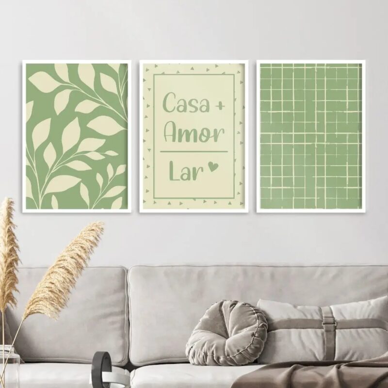 Kit 3 Quadros Casa amor lar Plantas Verde