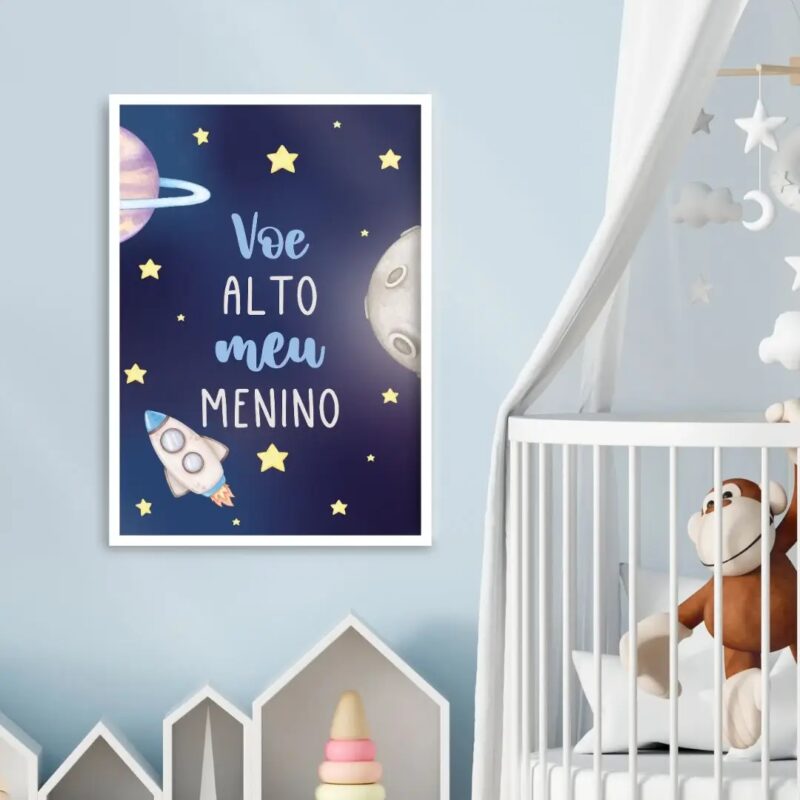 Quadro Infantil Voe Alto Foguete Espaço