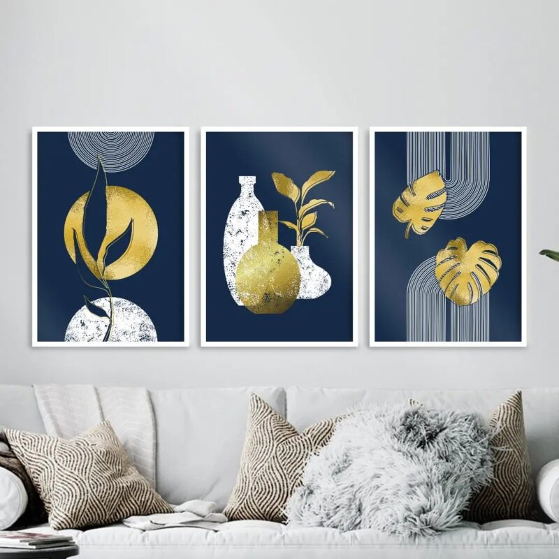 Kit 3 Quadros Abstratos Azul e Dourado Folhas