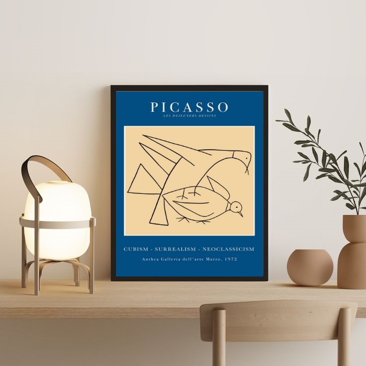 Quadro Poster Picasso Minimalista Azul Pássaros