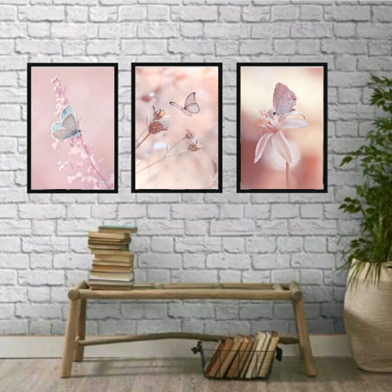 Kit 3 Quadros Decorativos Fotografias Borboletas Rosas