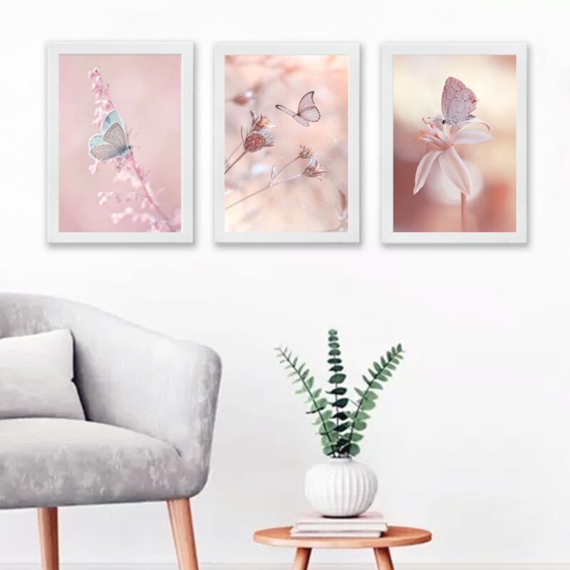 Kit 3 Quadros Decorativos Fotografias Borboletas Rosas