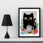 Quadro Decorativo Gato Com Caneca De Café