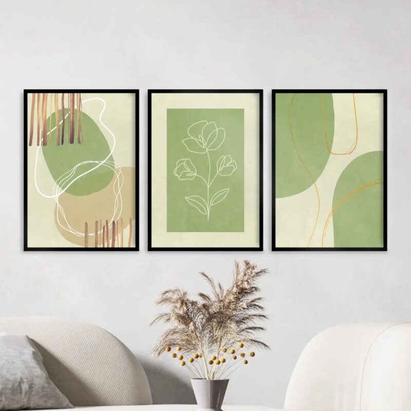 kit 3 Quadros Decorativos Abstratos Verde e Bege