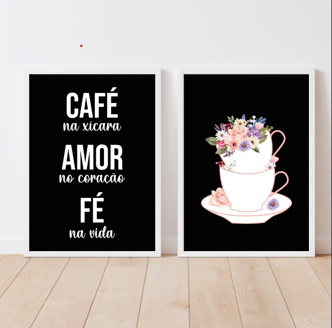 Kit 2 Quadros Café Amor Fé Floral