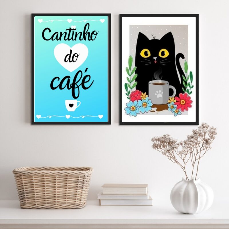 Kit 2 Quadros Cantinho Do Café Gatinho Floral Azul