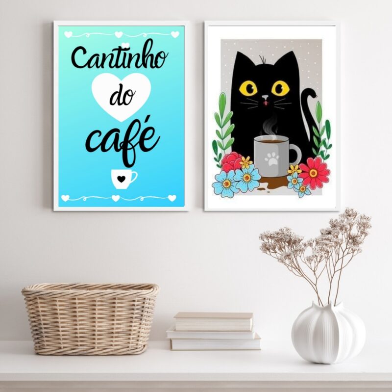 Kit 2 Quadros Cantinho Do Café Gatinho Floral Azul