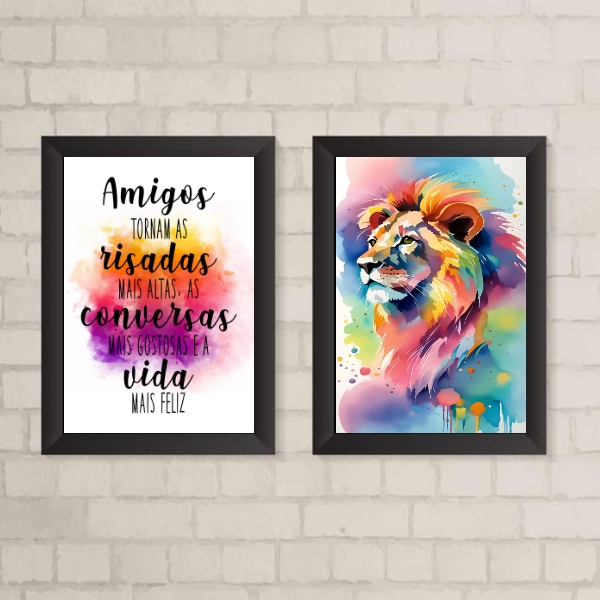 Kit 2 Quadros Decorativos Leão Frase Amigos