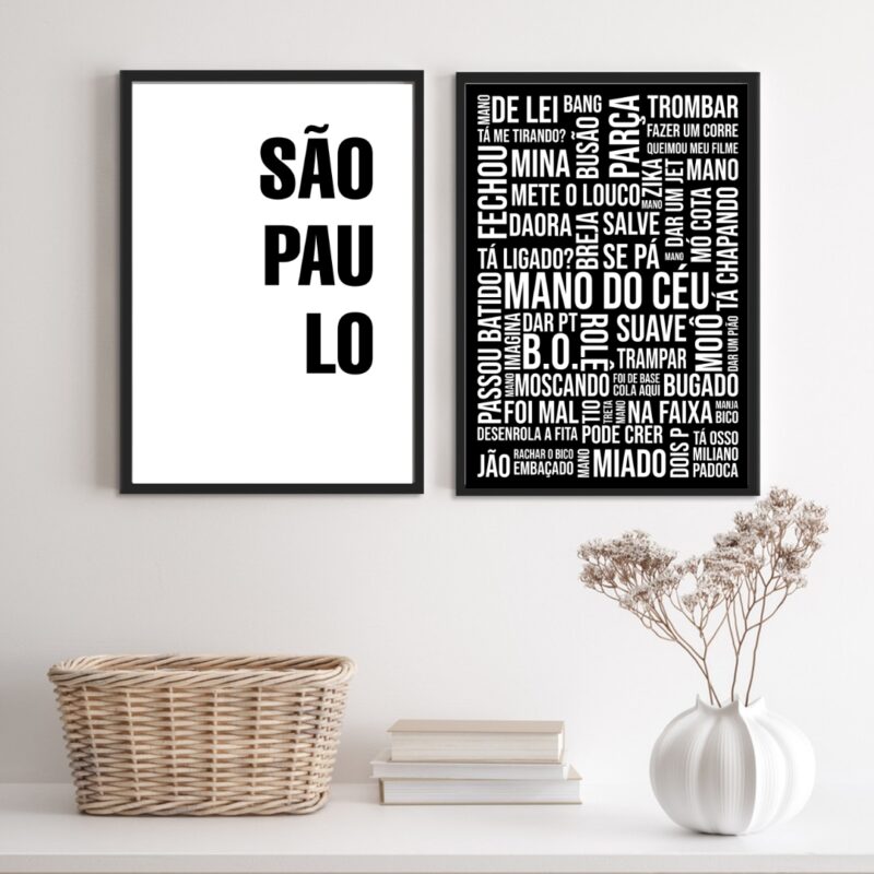 Kit 2 Quadros São Paulo Gírias Preto E Branco