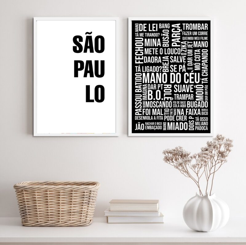 Kit 2 Quadros São Paulo Gírias Preto E Branco