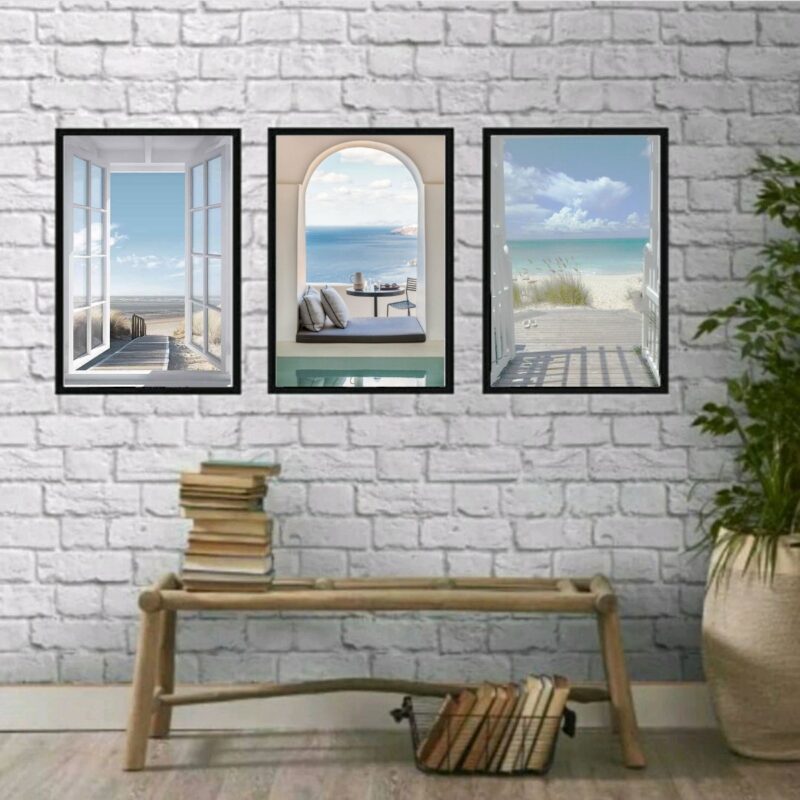 Kit 3 Quadros Decorativos Fotografias Janelas Praia