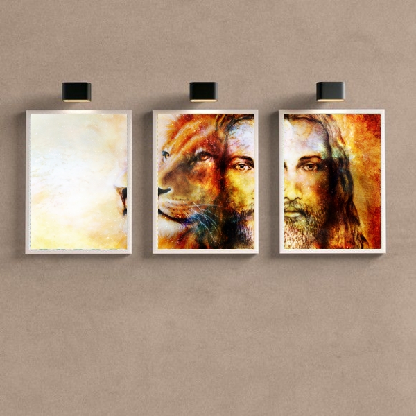 Kit 3 Quadros Decorativos Jesus E Leão