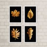 Kit 4 Quadros Decorativos Folhas Douradas