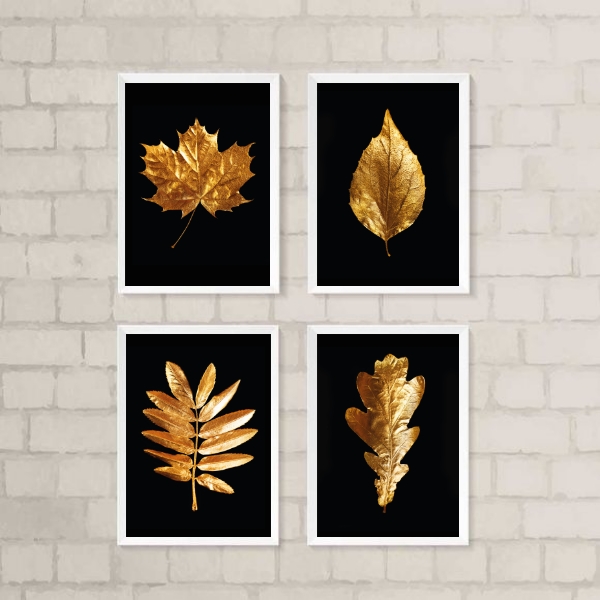 Kit 4 Quadros Decorativos Folhas Douradas