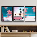 Kit 3 Quadros Decorativos Praia Kombi Rosa