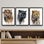 Kit 3 Quadros Felinos Aquarela Tigre Onça Pantera