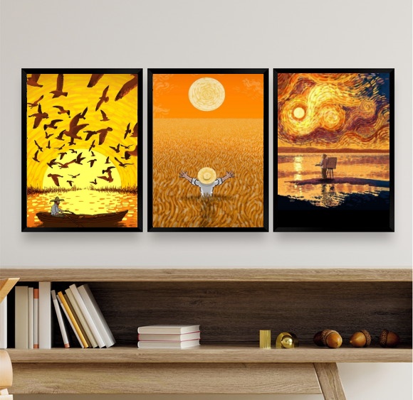 Kit 3 Quadros Decorativos Amarelos Vida Van Gogh