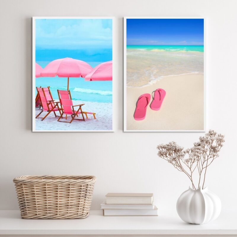 Kit 2 Quadros Praia Elementos Azul E Rosa