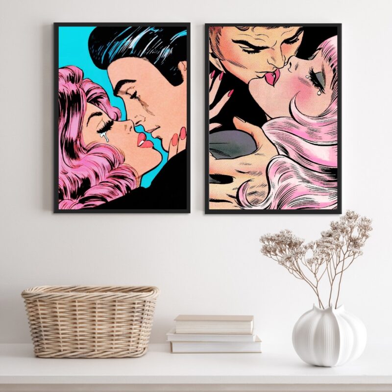 Kit 2 Quadros Casais Beijo Pop Art