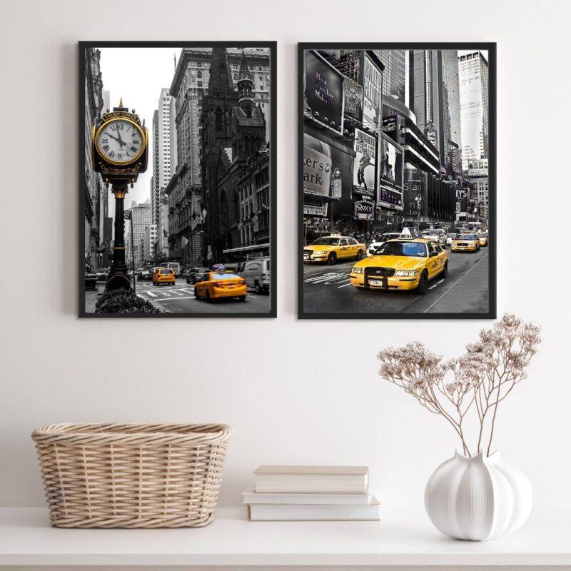 Kit 2 Quadros Fotografias N.Y Preto E Branco Taxi Amarelo