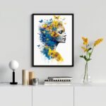 Quadro Decorativo Mulher Borboletas Azul E Amarelo