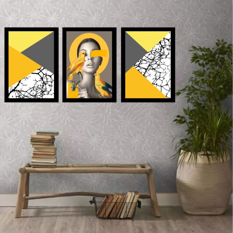 Kit 3 Quadros Geométricos Mulher Cinza E Amarelo