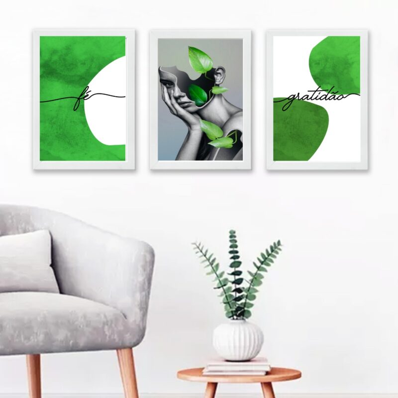 Kit 3 Quadros Abstratos Verdes Mulher Fé Gratidão