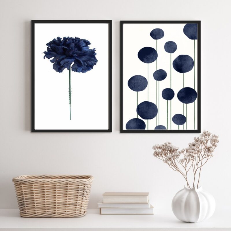 Conjunto 2 Quadros Arte Moderna Flor Azul Marinho