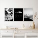 Kit 3 Quadros Praia Preto E Branco Gratidão Significado