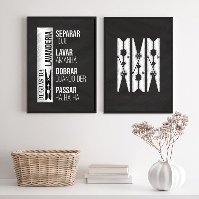 Kit 2 Quadros Decorativos Lavanderia Preto E Branco