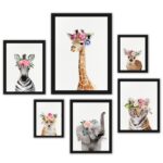 Composição 6 Quadros Filhotes Animais Com Flores