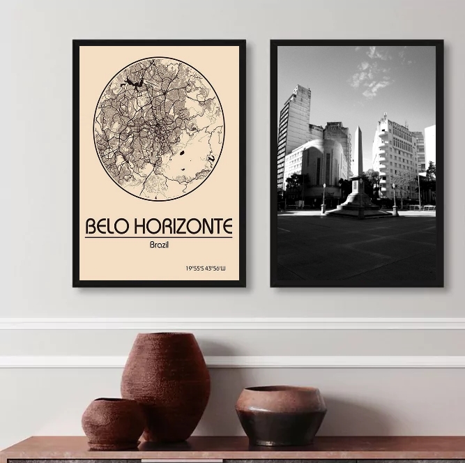 Kit 2 Quadros Belo Horizonte- Mapa E Fotografia