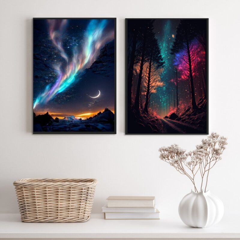 Kit 2 Quadros Decorativos Aurora Boreal