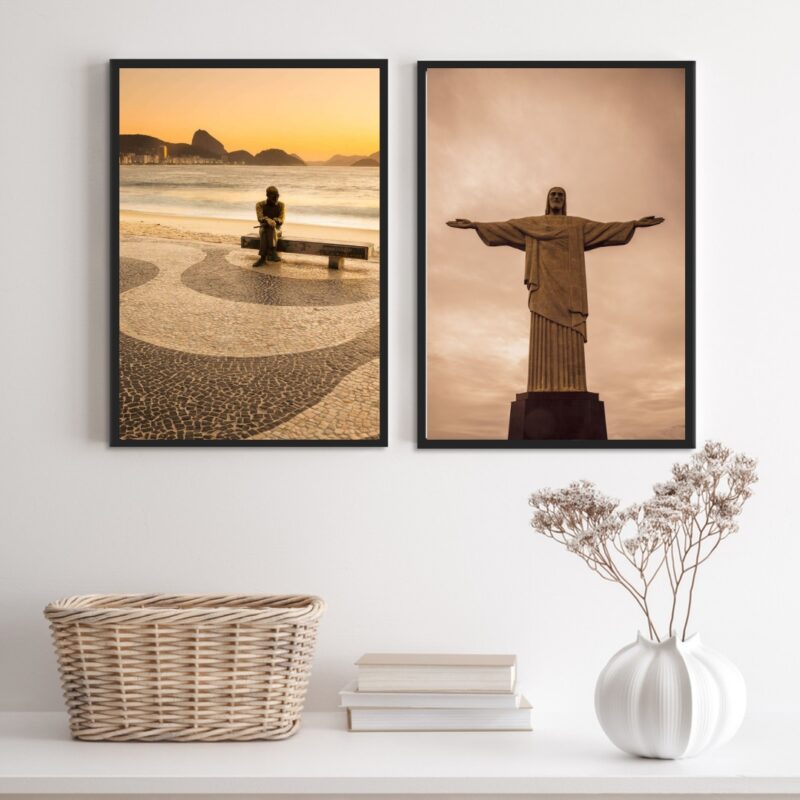 Kit 2 Quadros Rio De Janeiro Cristo Copacabana- Sépia