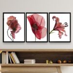 Kit 3 Quadros Decorativos Modernos Flores- Vinho Marsala