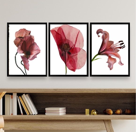 Kit 3 Quadros Decorativos Modernos Flores- Vinho Marsala