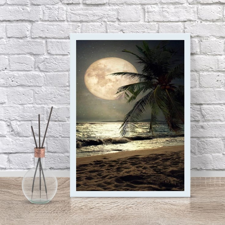 Quadro Decorativo Praia Com Lua Cheia