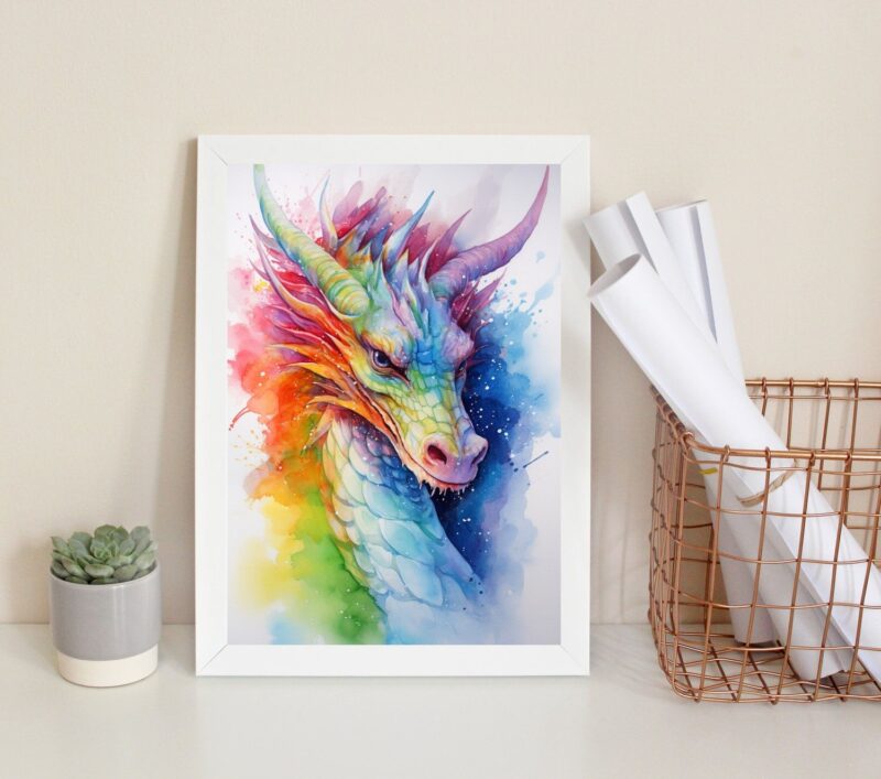 Quadro Decorativo Dragão Colorido Aquarela