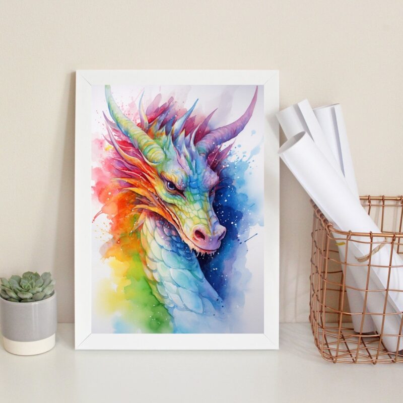 Quadro Decorativo Dragão Colorido Aquarela